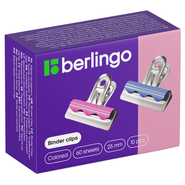 Зажимы-бульдоги для бумаг 25мм, Berlingo, 10шт. цветные, картонная коробка BC1225g 255056 - МСК «Форвард»