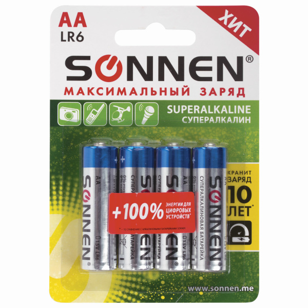 Батарейки КОМПЛЕКТ 4шт, SONNEN Super Alkaline, АА(LR6,15А), алкалиновые, пальчиковые, блистер,451094