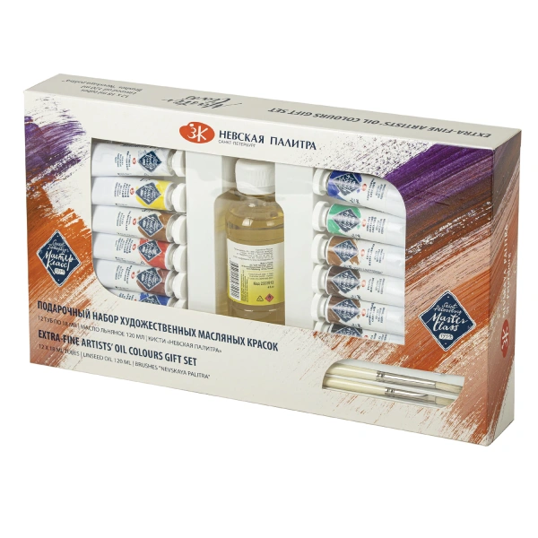 Краски масляные художественные "Мастер класс", 12 цветов по 18 мл+масло льняное 120мл+2 кисти,114196 191037