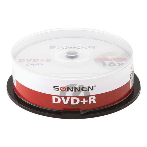 Диски DVD+R SONNEN 4,7GB 16x Cake Box (упаковка на шпиле) КОМПЛЕКТ 25шт, 513532