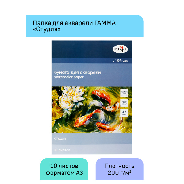 Папка для акварели, 10л., А3 200г/м2, среднее зерно Гамма "Студия" 30C03F710W 346940 - МСК «Форвард»