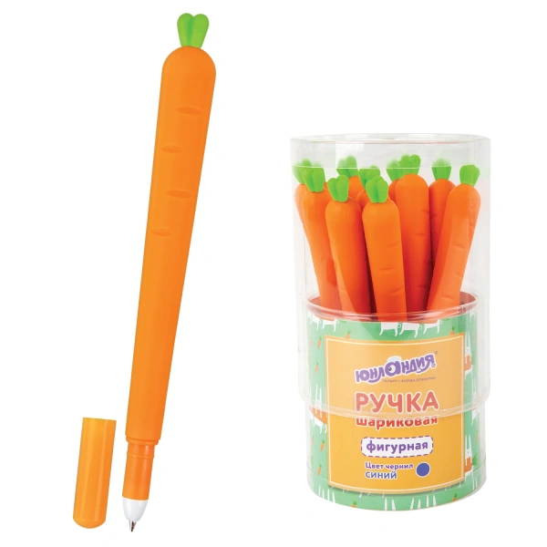 Ручка фигурная шариковая ЮНЛАНДИЯ "Морковка", КОМПЛЕКТ 12ШТ мягкий силиконовый корпус, СИНЯЯ, узел 0,7мм, 143778