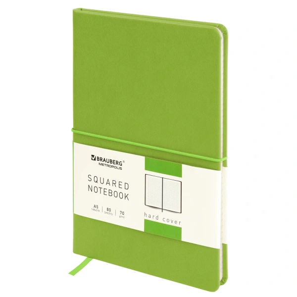 Блокнот А5 148x218мм, BRAUBERG Metropolis X, под кожу, 80л, резинка, клетка, светло-зеленый, 111033