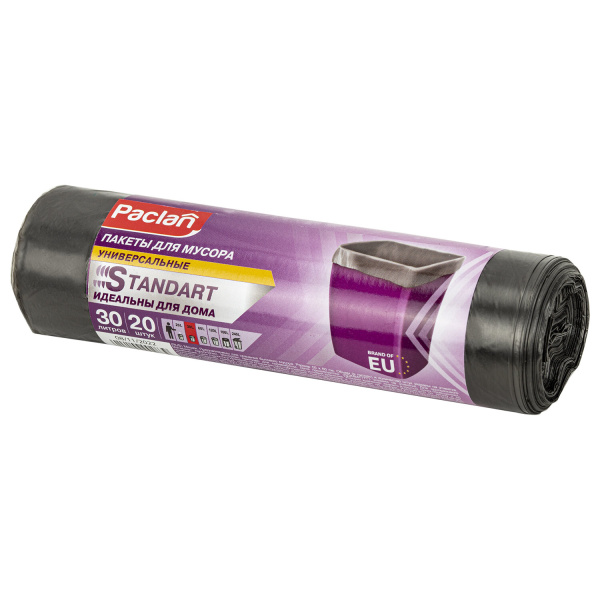 Мешки д/мусора 30л, черные, в рулоне 20шт, ПНД, 7,3мкм, 50х60см, PACLAN "Standard",  600818